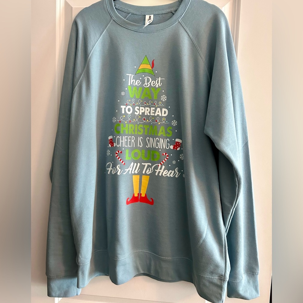 XL Elf singing loud for all to hear Sweatshirt slate blue Christmas Cheer 🎄🎉🎄🎉